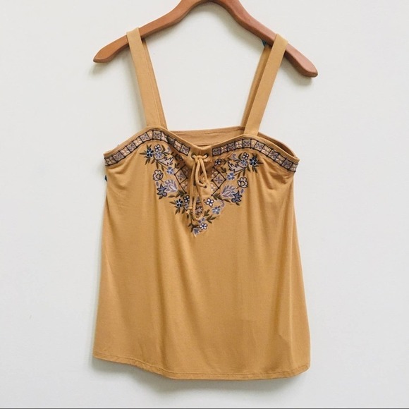 American Eagle Yellow Embroidered Lace Up Tie Tank, Size Small - Picture 2 of 8